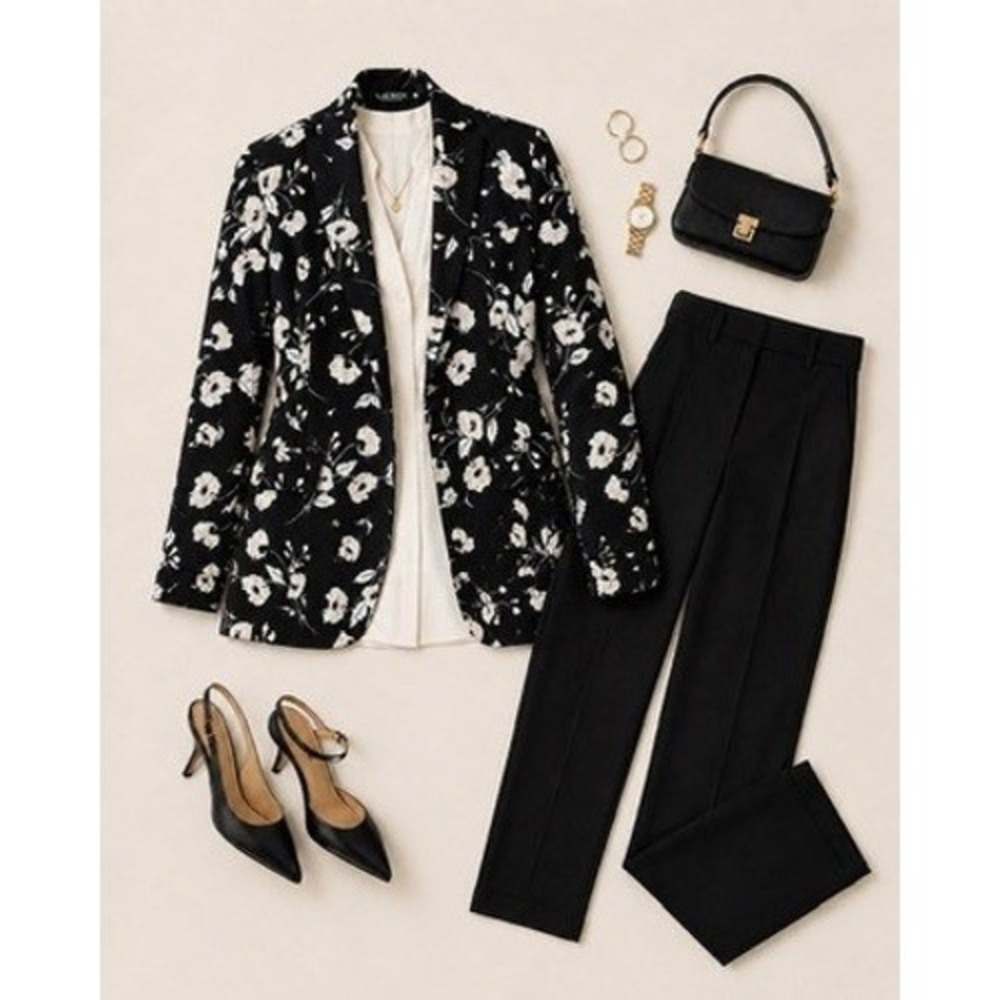 Lauren Ralph Lauren Black Floral Single Button Blazer Women's Size 12